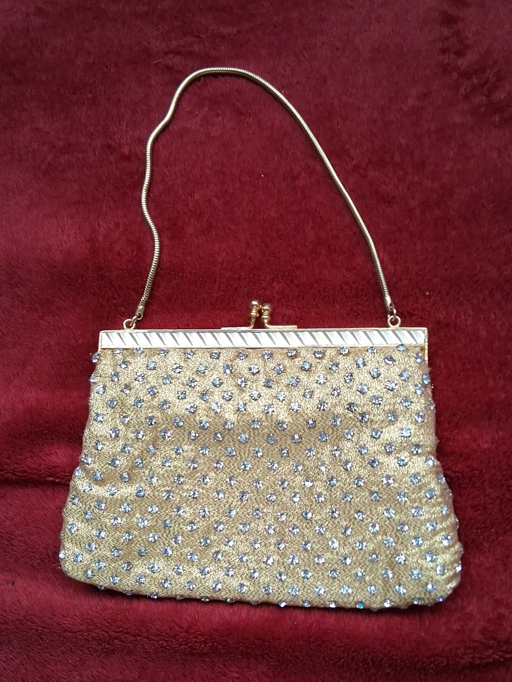 Vintage Walborg I. Magnin Gold Rhinestone Beaded Evening Clutch with Chain
